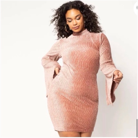 Eloquii Blush Velvet Textured Bell Flare Sleeve Mini Dress - Picture 2 of 13